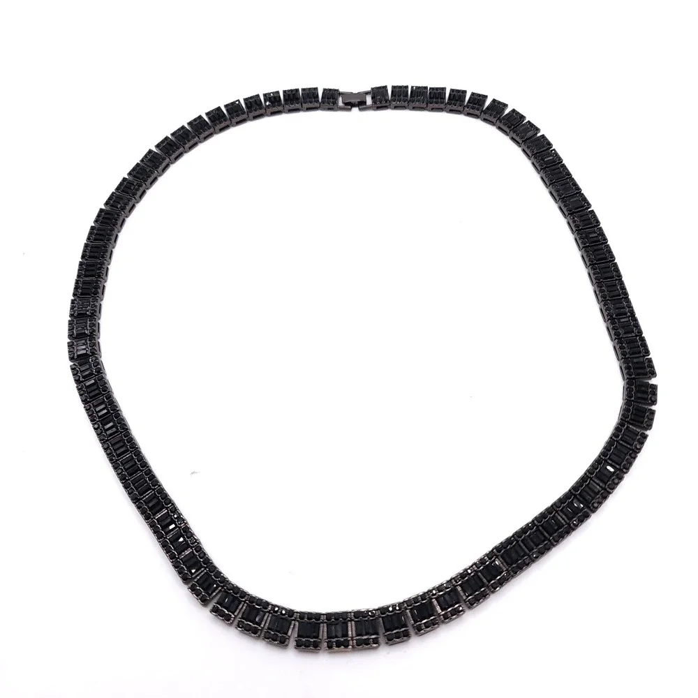 Black Stainless Steel Tennis Necklace Baguette Black CZ Iced Out Chain 24in